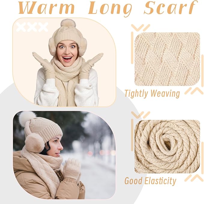 Geyoga 6 Pcs Winter Warm Set for Women Warm Beanies Hats Touchscreen Gloves Long Scarf Ear Muffs Socks Winter Gifts for Women