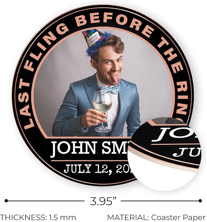 100 Pack Personalized Bachelor Party Coasters, Custom Cardboard Drink Coasters with Photo Print and Text, Fun Bachelor Party Favors and Gifts, 3.95" Round, Design 4