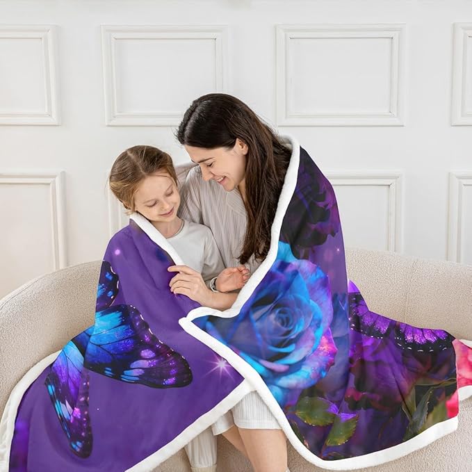 Feelyou Girls Butterfly Fleece Throw Blanket Baby 30"x40" Kids Dreamy Purple Sherpa Blanket Plush Fuzzy for Bed Couch Chair Living Room, Rose Flower Bed Blanket Butterflies Lover Room Decor