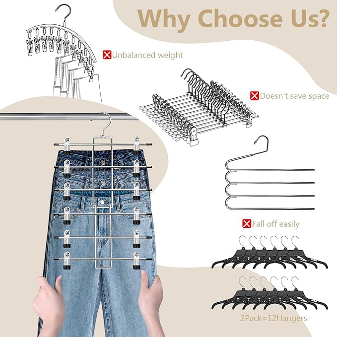 Pants Hangers with Clips,Space Saving Hanging Closet Organizer-6 Tiers Skirt Hangers with 360° Swivel Hook,Closet Organizer-Clothes Hangers- College Dorm Essentials Apartment Essentials-2 Pack