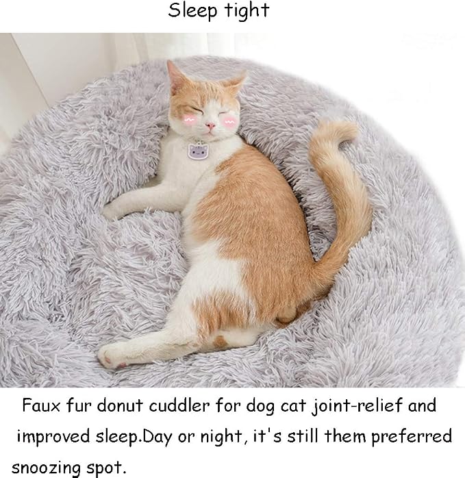 Plush Calming Donut Dog Bed for Small to Medium Dogs, 28 Inch Round Pet Bed | Soft Faux Fur Puppy Bed with Raised Rim for Curling and Head Support; Washable Round Pet Bed for Small to Medium Dogs or Cats