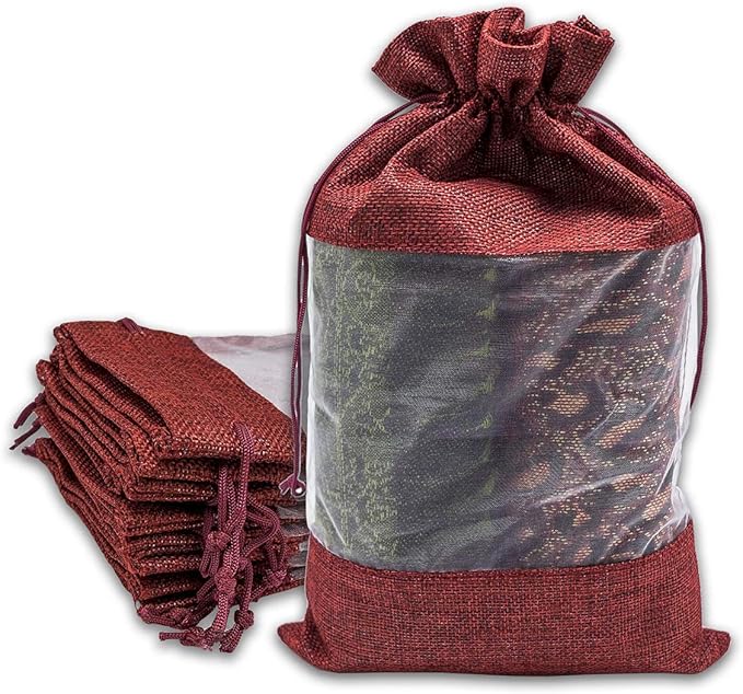 12-Pack X-Large Linen Burlap & Organza Gift Bags w. Drawstrings (7.5x11.5 in, Maroon) - Party Favors, Presents, Samples & Treats Mesh Pouch by The Display Guys
