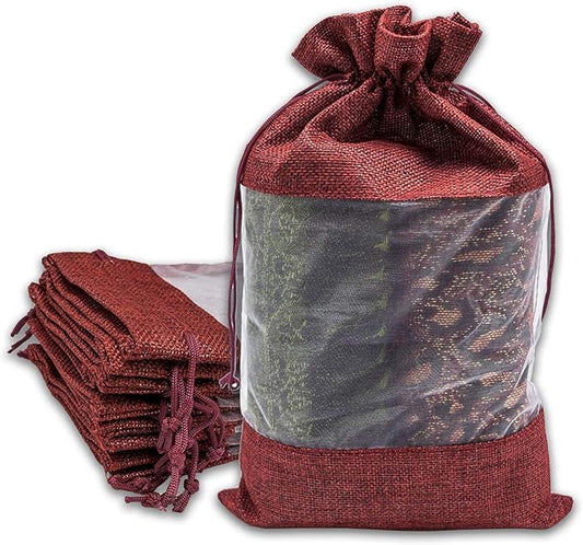 12-Pack X-Large Linen Burlap & Organza Gift Bags w. Drawstrings (7.5x11.5 in, Maroon) - Party Favors, Presents, Samples & Treats Mesh Pouch by The Display Guys