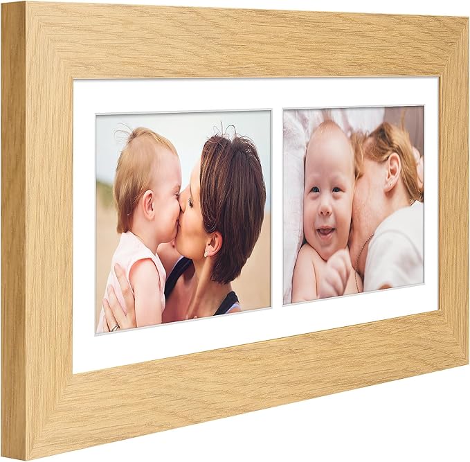 6x15 Picture Frame Display 2 opening 5X7 Double Picture Frame Collage,Multi Photo Frame with Mat,Plexiglass,Horizontal and Vertical Formats for Wall Decor,Natural Wood Grain