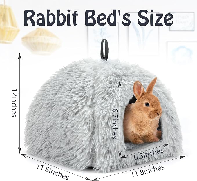 YUEPET Bunny Hideout, Cozy Rabbit Bed House for Small Pets, Grey | Long Plush Guinea Pig Cave Bed, Removable Washable Pad, Non-Slip Base, Warm Rabbit Hideaway for Guinea Pig Ferret