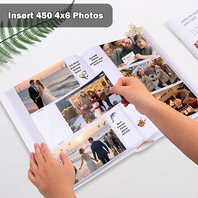 Ruibytree Photo Album 4x6 450 Photos with Writing Space,PU Leather Cover with Front Window Picture Album,4 x 6 Photo Book for Wedding Kids Travel Family Baby Vacation Couple (White)