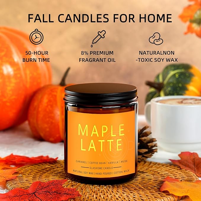 Fall Scented Candles Maple Latte 7oz – Sweet Maple Syrup & Creamy Coffee Soy Wax Candle for Cozy Autumn Home Décor, Perfect Fall Gift for Coffee Lovers, 50 Hour Long Burn