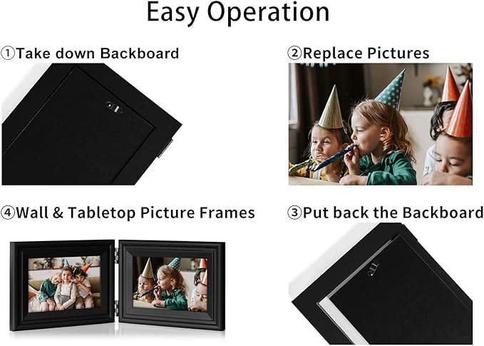 4x6 Double Hinged Picture Frame Folding Photo Frame Vertical and Horizontal in Black Pine Wood with Real Glass for Tabletop X2-HEI-SH46