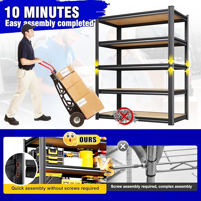 71"H Heavy Duty Garage Shelving - 1900 LBS Capacity 5-Tier Metal Storage Shelves, 71"H x 28"W x 12"D Adjustable Steel Utility Rack, Compact Storage Shelf for Pantry, Closet, Basement, Shed - Black