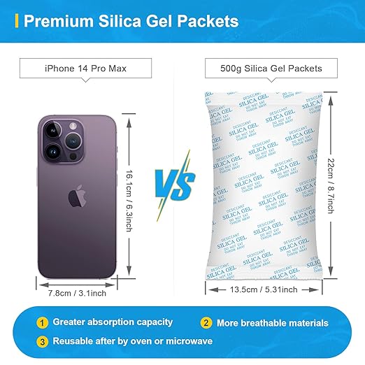 Desiccant Packs – 500 Gram 6 Packs Silica Packets for Moisture Control, Silica Gel Car Dehumidifier by Reusable, Large Moisture Absorbers for Electric Tool, Basement, 3D Filaments and Safes