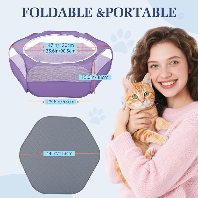 Pawaboo 2-in-1 Small Animals Playpen with Pad, Purple+Gray | Waterproof, Reusable Pad, Portable Outdoor Yard Fence with 3 Metal Rod, For Chick/Kitten/Guinea Pig/Rabbits/Chinchillas