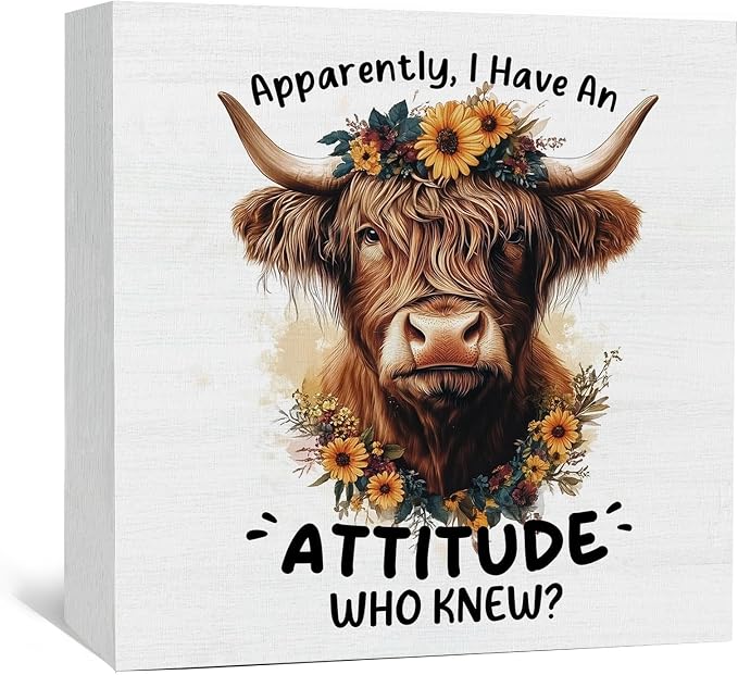 Highland Cow Sign, Farm Cottagecore Animal Office Kitchen Bedroom Decor, Apparently I Have an Attitude Who Knew Wooden Box Signs, Apparently Highland Cow Gifts for Women Men 8x8 in Decorative Signs & Plaques