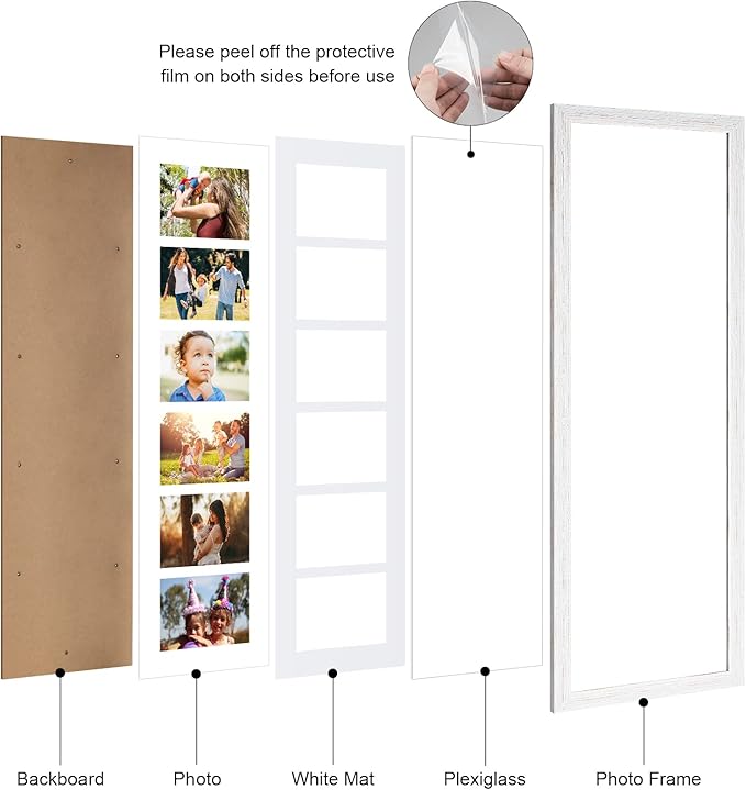 8x26 Collage frame with 6 Openings 4X6 Pictures, Multiple Picture Frame with Mat, Wall or Tabletop Decor, White Wood Grain (1 Pack)