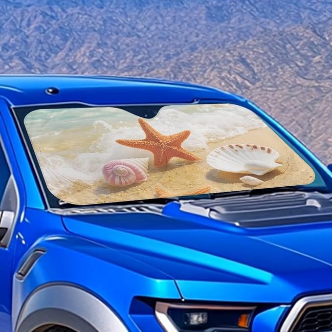 Beach Seashell Windshield Sun Shade Foldable Car Front Window Sunshade with Storage Bag Universal for Car Truck SUV Reflective Sun Visor Protect Car from Sun Rays & Heat Damage