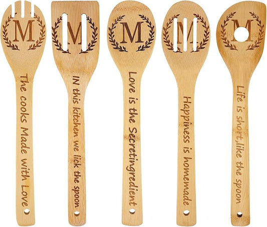 5PCS Initial Wooden Cooking Spoons Initial Letter Kitchen Decor Gifts Personalized Monogrammed Birthday Gifts for Women Mom Friend Housewarming Wedding Bamboo Cooking Spoons
