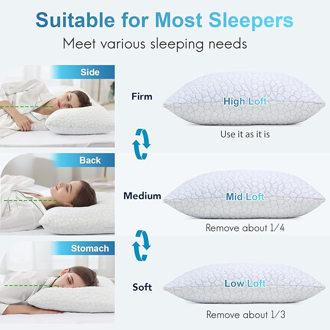 QUTOOL Cooling Pillow for Sleeping, CertiPUR-US Shredded Memory Foam King Pillows Set of 2, Cool Pillow for Hot Sleepers Adjustable Firm Pillow for Side, Back, Stomach Sleepers Soft Yet Support, White