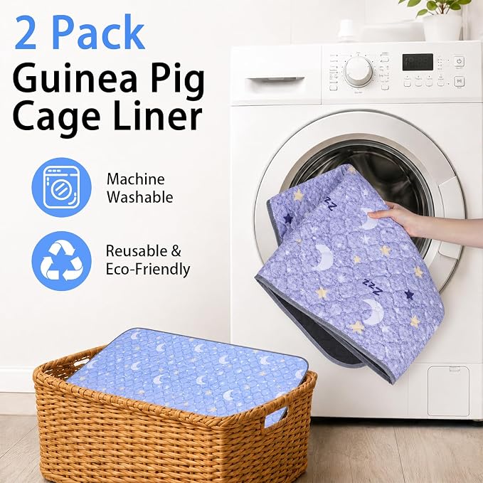 Guinea Pig Cage Liner 2 Pack Super Absorbent Washable Guinea Pig Pee Pads Waterproof Reusable Anti Slip Bedding Pee Pad Mat for Rabbit Bunny Rat Cat (Stars&Moon, 48" x 24" (2 Pack))