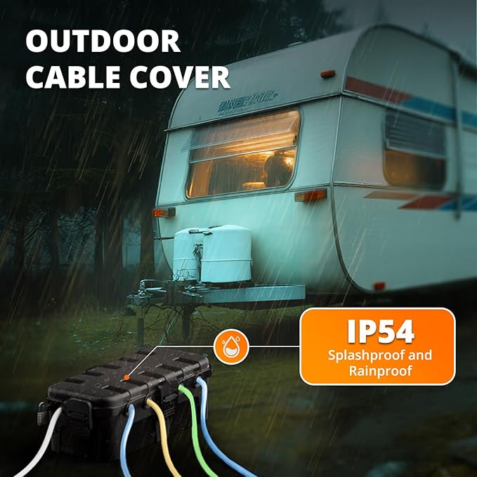 QUOBAS Outdoor Waterproof Electrical Box with 6 Cable Ports, IP54 Weatherproof Heavy-Duty Extension Cord Cover for Power Strips, Garden Power Tools, Holiday Lights, Black