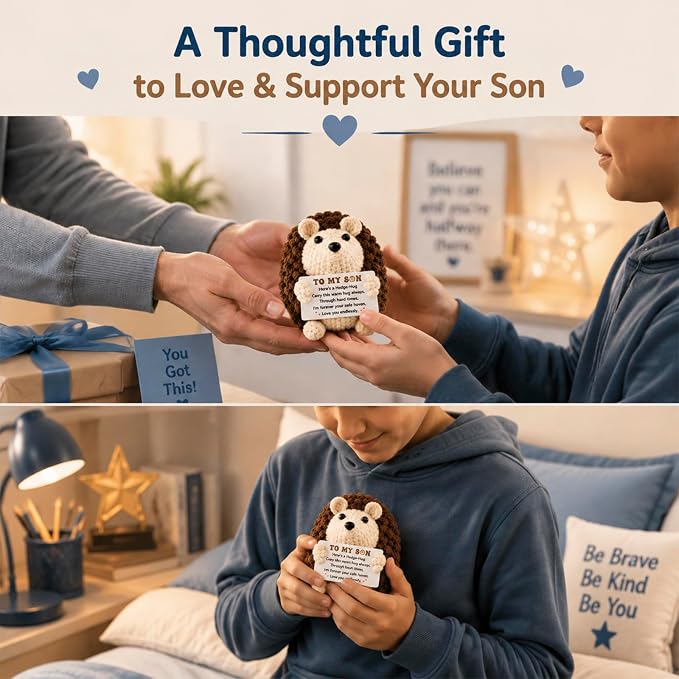 Son Birthday Gifts from Mom Dad Handmade Crochet Hedgehog Gifts | Graduation College Gift for Sons, Graduation Gifts for Adults Son in Law Bonus Step Best Son Ever Gift