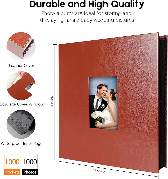 1000 Pocket Photo Album 4x6 Leather Cover, Extra Large Capacity Holds 1000 Horizontal and Vertical Photos, Acid Free Non Stick Pages with Front Window, Perfect for Wedding Family Baby Memories (Brown)