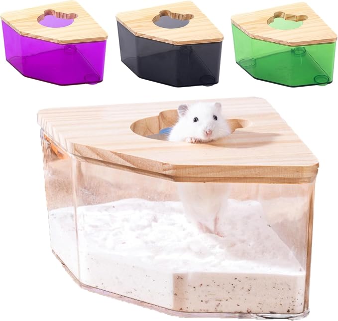Large Hamster Sand Bath, Hamster Dust Bath House, Hamster Digging Box, with Wood Cover, Hamster Litter Box Multiple Colors, Sand Bath Container for Small Pets Clear