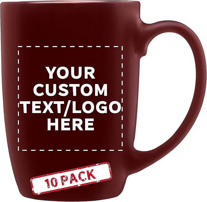 DISCOUNT PROMOS 10 Large Mocha Glossy Ceramic Coffee Mugs Set, 16 oz. - Customizable Text, Logo - Stoneware, Smooth, Durable, C-handle - Maroon