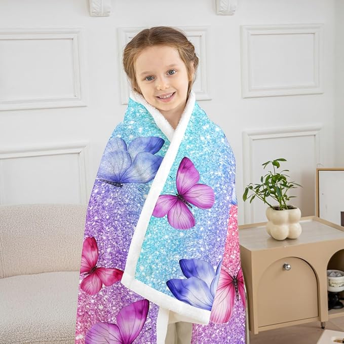 Feelyou Girls Glitter Print Fleece Throw Blanket Baby 30"x40" Kids Blue Pink Butterfly Sherpa Blanket Plush Fuzzy for Bed Couch Chair Living Room, Dreamy Girly Bed Blanket Princess Style Room Decor