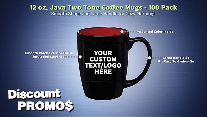 DISCOUNT PROMOS 100 Java Two Tone Coffee Mugs Set, 12 oz. - Customizable Text, Logo - Stoneware, Durable, Easy Grip - BLACKRED
