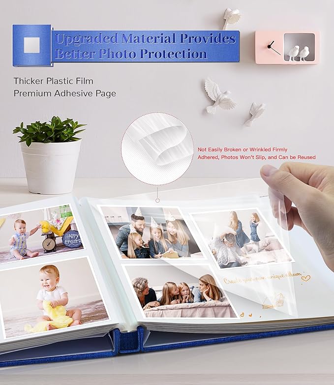 Photo Album Self Adhesive Scrapbook Album for 3x5 4x6 5x7 8x10 Pictures,40 Pages Linen Cover with Display Window DIY Photo Book,Ideal Gifts for Family Travel Wedding Baby