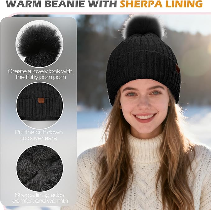 Winter Hats Gloves Scarf Set for Women, Beanie Hat Headband Ear Warmer, Infinity Scarf Touchscreen Gloves for Cold Weather