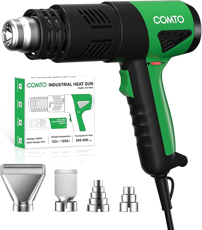 1800W Industrial Heat Gun, Fast Heating 122℉-1202℉ Variable Temperature Control Overheat Protection 2 Speed Air Flow with 4 Nozzles for Crafts, Shrinking Tubing, Vinyl Wrap (SG-1004)