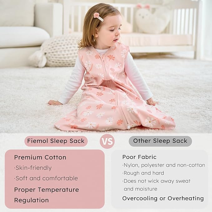 Baby Sleep Sack 6-12 months, 100% Cotton Sleeping Sack for Newborn and Infant, 3 Pack Baby Wearable Blanket for Boy and Girl, 0.5 Tog Lightweight Double Zipper Sleep Bag Pink Orange Flower