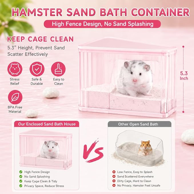 Hamster Sand Bath Container, Large Dust Bath House with Scoop, Pink | Tall enclosed design reduces sand scatter, spacious interior, frosted privacy walls, top platform, easy-clean bath box
