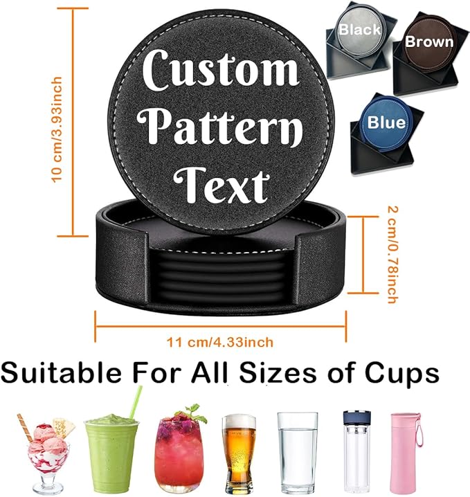 Custom Photo Coasters, Personalized Set of 5 Leather Coaster with Holder Gift Box, Customize Logo Name Letter Monogram, Non-Slip Heat Resistant Waterproof for Coffee Table Bar Beer Wine Cup Party