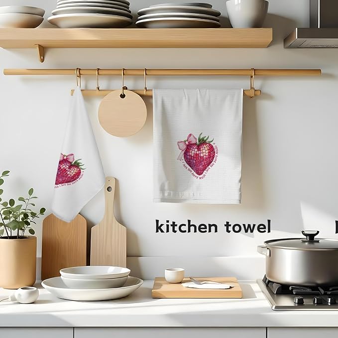 Coquette Pink Bow Strawberry Kitchen Towels, I Love You Gifts for Her Hand Towels, Dish Tea Towels, Strawberry Kitchen Bathroom Decor, 16x24 Inch