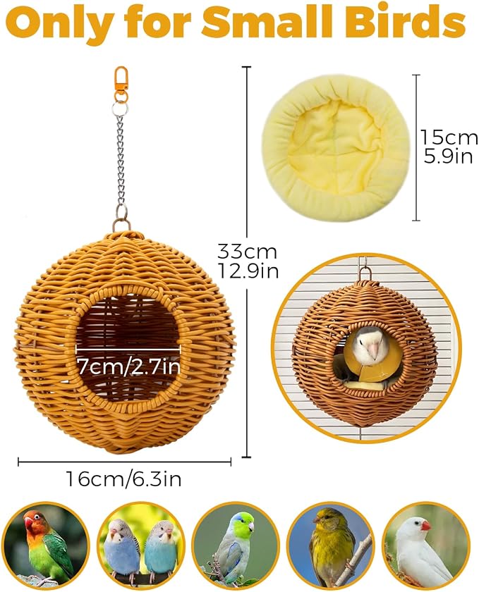Chewproof Steel Frame Bird Nest for Cage, Washable Small Bed Hammock | Bird Hideout Lay Eggs Parakeet Nest Sleep Rest, Parakeet Warm Bed House Hut for Lovebird, Canary, Budgie, with Cushion