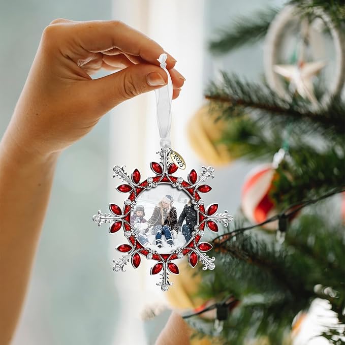 2025 Christmas Tree Ornament Snowflake Picture Frame Metal Hanging Pendant Holiday 2" Photo Frame Charm Decorative of Pets, Baby First Christmas, Family (Red)
