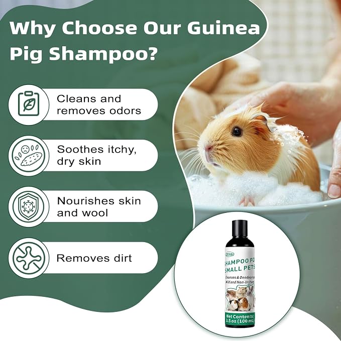 Guinea Pig Shampoo 3.5 oz - Gentle Shampoo for Small Pets Including Ferrets, Rabbits, Hedgehogs, Hamsters & Sugar Gliders - Hypoallergenic, Fragrance-Free, Soothes Itchy Skin & Removes Odors