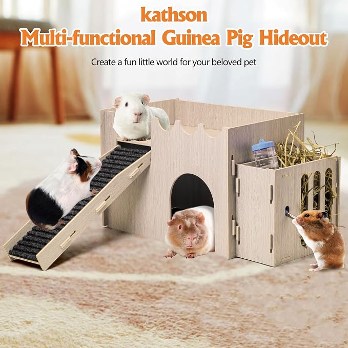 kathson Wood Guinea Pig Hideout Small Rabbit Hideout with Water and Hay Feeder Ramp, Easy to Assemble Wooden Hamster House for Small Animal Bunny Chinchilla Rat Hedgehog with 2xGuinea Pig Cage Liners