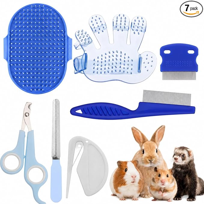 Rabbit Grooming Kit, 7-Piece Bunny Brush and Nail Care, Blue | 7 tools for loose fur, combing, light tangles and nail care; for rabbits, guinea pigs, hamsters and ferrets