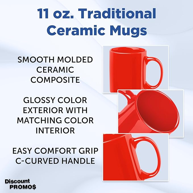 DISCOUNT PROMOS Ceramic Coffee Mugs 11 oz. Set of 10, Bulk Pack - Coffee cup set, Iced coffee cup, Gaming mug - Red