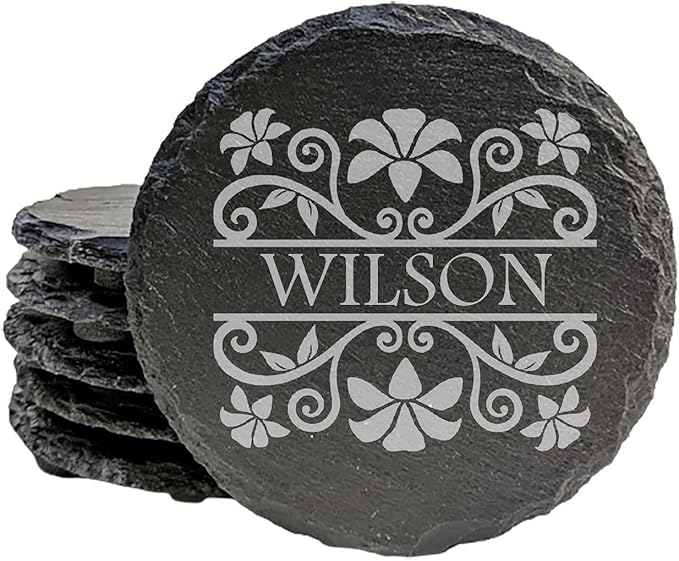 Personalized Monogram Family Coasters, Natural Stone Set, Birthday, Wedding, Customized, Rustic - Round Slate - Set of 8