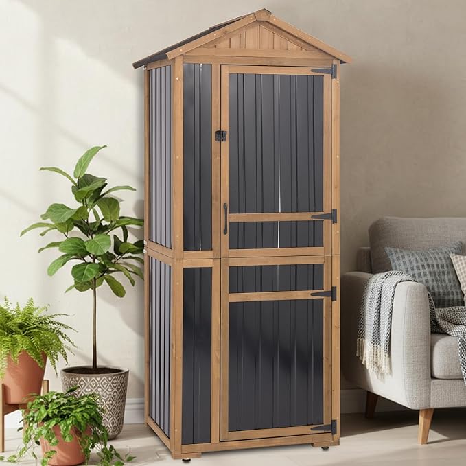 Ketive Outdoor Storage Cabinet 70 Inch, Wooden Vertical Garden Tool Storage Shed with Adjustable Shelves, Waterproof Roof, Lockable Doors, Small Backyard Utility Cabinet for Patio Garage