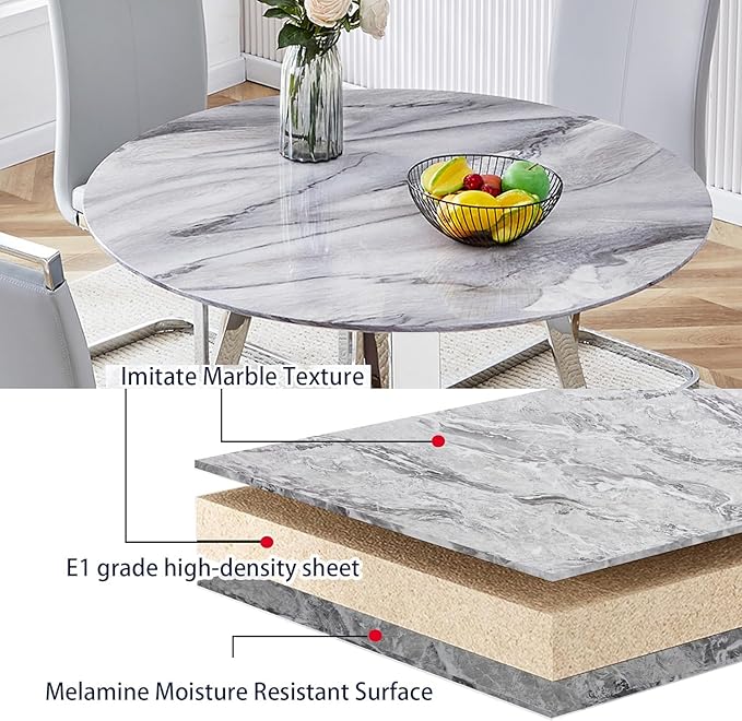Round Dining Table Set for 4,Modern Faux Marble Table with 4 PU Leather Chairs,5 Piece Wood Dining Table Set for Small Space Kitchen, Dining Room, Office