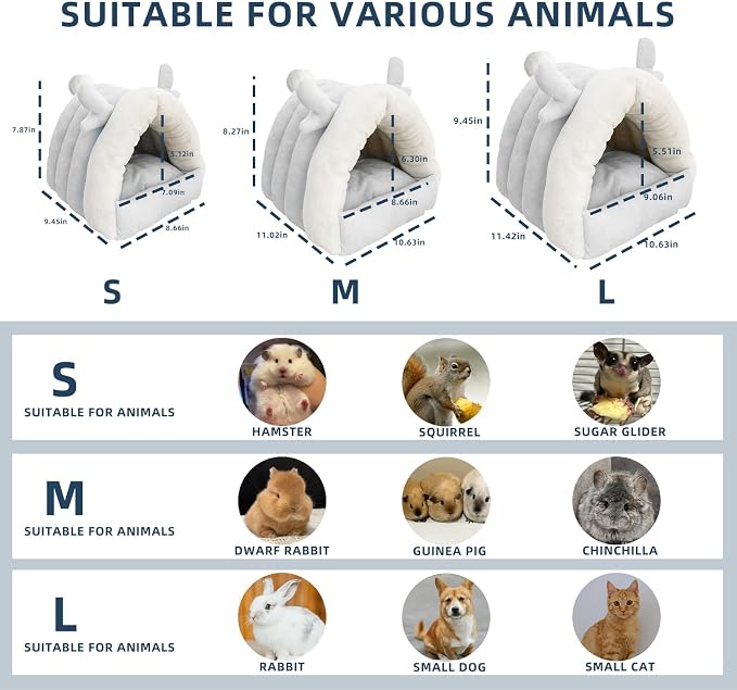 Guinea Pig Hideout, Warm Bed for Guinea Pig,Rabbits, Chinchillas, Guinea Pig Bed, Cozy Small Animal Winter Shelter (Gray, Small)