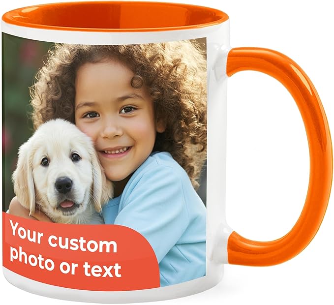 Personalized Mug, Custom Ceramic Mug with Photo and Text, 11oz, Pack of 50, Glossy Coffee Cup, Perfect for Christmas, Secret Santa or as Holiday Gift for Family or Friends, White/Orange