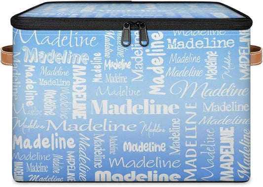 Custom Storage Basket with Name, Personalized Keepsake Box with Zipper Lid, Foldable Fabric Memory Bin Large capacity with Handle Blue