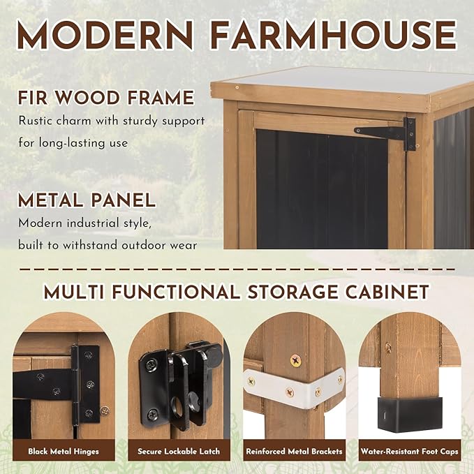 Ketive 62" Tall Outdoor Storage Cabinet, Narrow Garden Storage Cabinet with Adjustable Shelves, Slim Wood & Metal Tool Organizer for Patio, Garden, Porch, Garage or Indoor Storage