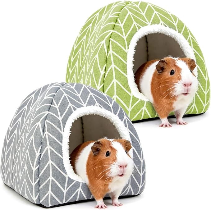 2 Pack Guinea Pig Hideout Bed, Dwarf Rabbit House Cave | Cozy Hide-Out Cage Accessories for Little Bunny, Hedgehog, Ferret, Chinchilla & Other Small Animals, Grey
