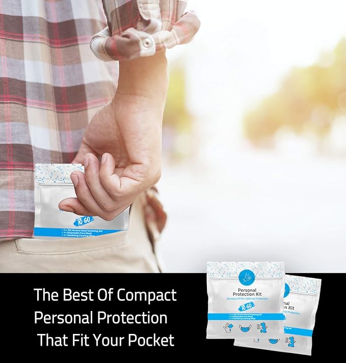 Mini Personal Protection Kit To-Go - 10 PACK! Mask, Hand Sanitizing Gel, Sanitizing Cleansing Wipe Packets. PPE On the Go! Single use Disposable Pocket-sized! Ideal for travel!